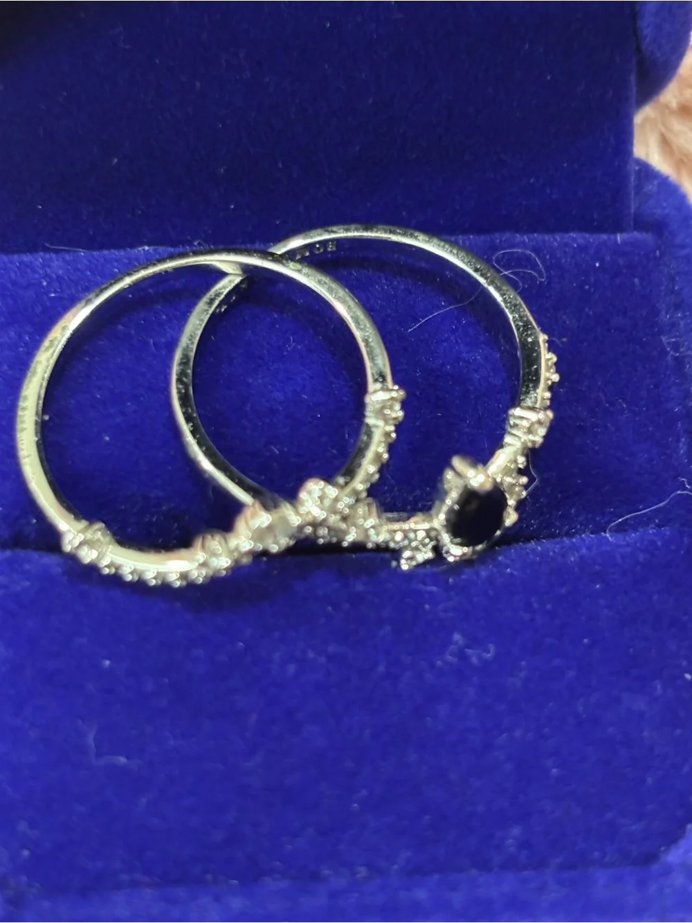 Silvertone  Black onyxTeardrop Crown Ring with Clear Accent Stones 2 piece ring